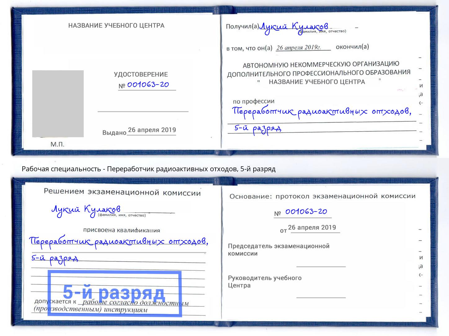 корочка 5-й разряд Переработчик радиоактивных отходов Джанкой