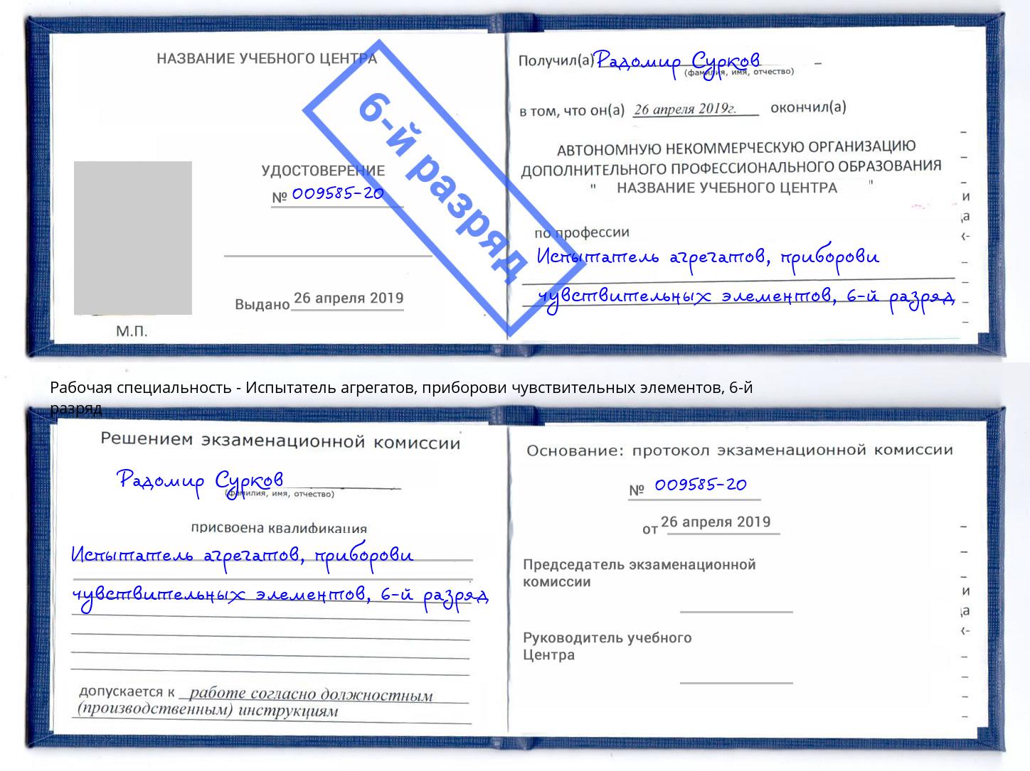 корочка 6-й разряд Испытатель агрегатов, приборови чувствительных элементов Джанкой