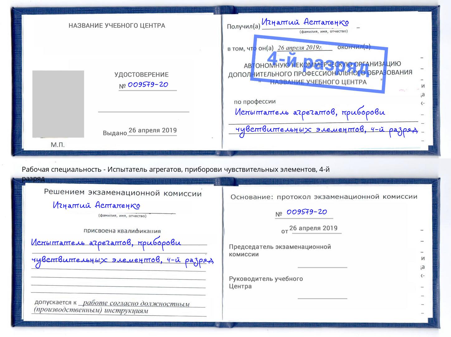 корочка 4-й разряд Испытатель агрегатов, приборови чувствительных элементов Джанкой