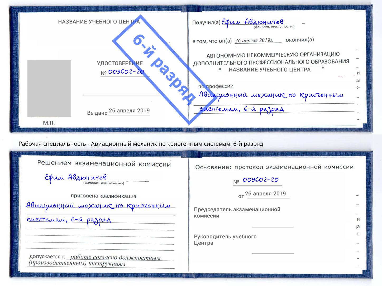 корочка 6-й разряд Авиационный механик по криогенным системам Джанкой