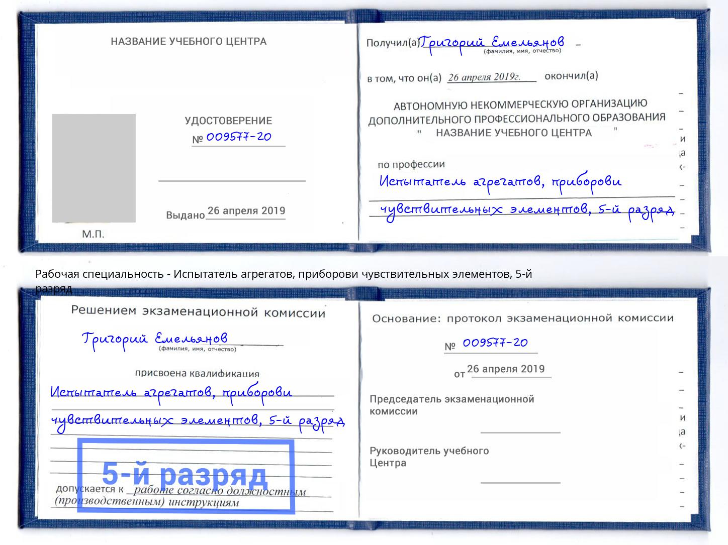 корочка 5-й разряд Испытатель агрегатов, приборови чувствительных элементов Джанкой