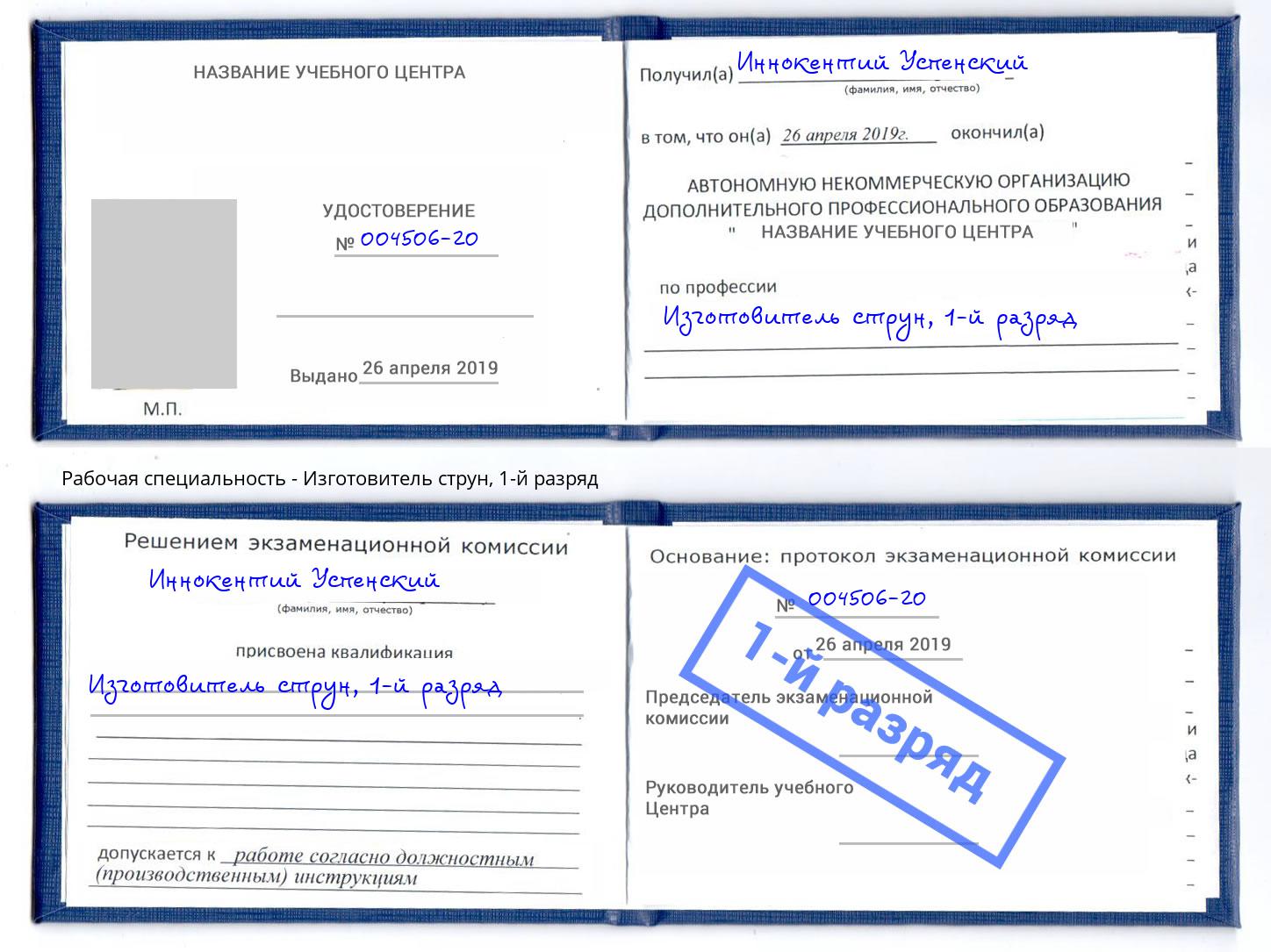 корочка 1-й разряд Изготовитель струн Джанкой