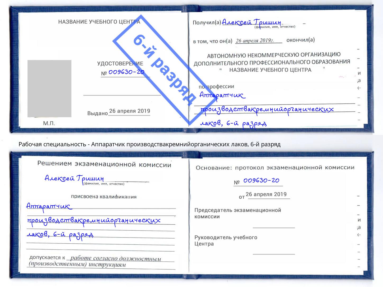 корочка 6-й разряд Аппаратчик производствакремнийорганических лаков Джанкой