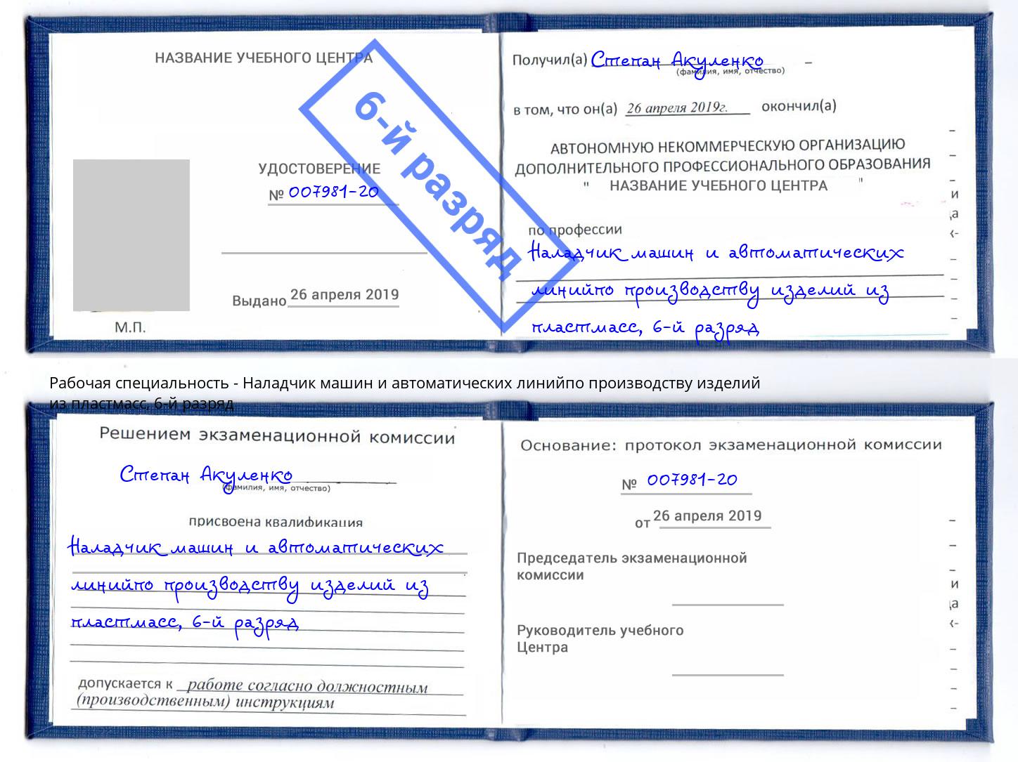 корочка 6-й разряд Наладчик машин и автоматических линийпо производству изделий из пластмасс Джанкой