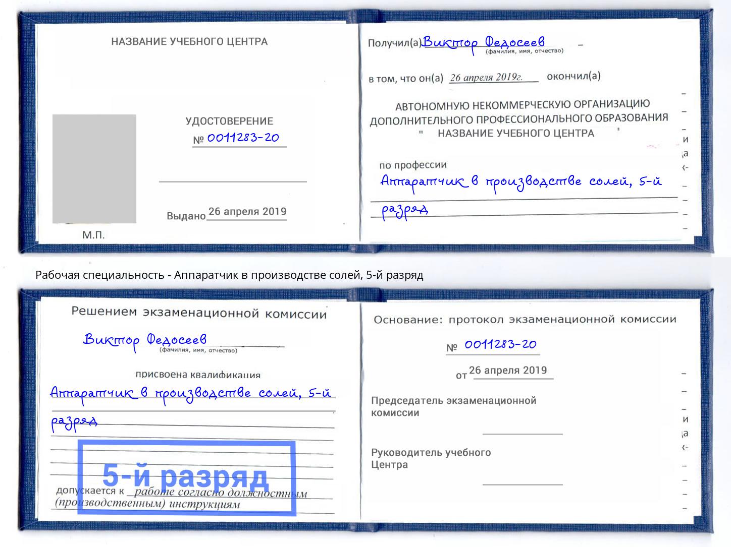 корочка 5-й разряд Аппаратчик в производстве солей Джанкой