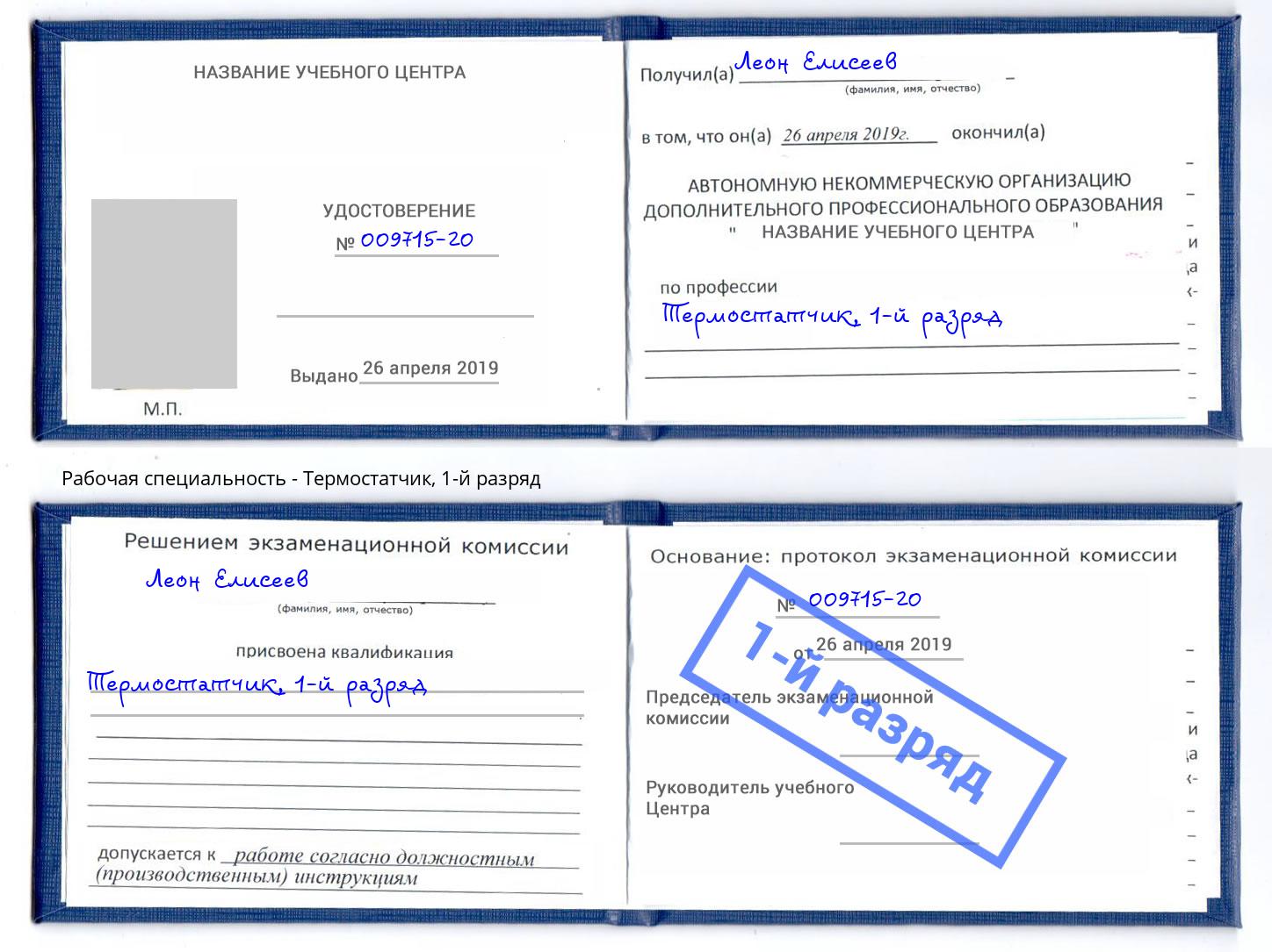корочка 1-й разряд Термостатчик Джанкой