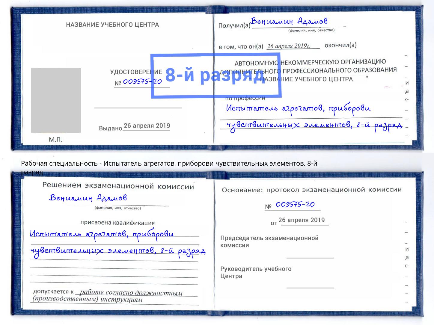 корочка 8-й разряд Испытатель агрегатов, приборови чувствительных элементов Джанкой